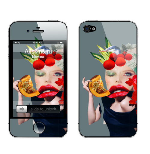 Наклейка на Телефон Apple iPhone 4S, 4 Коллаж с тыковкой,  купить в Москве – интернет-магазин Allskins, овощь, тыква, девушка, весна, лето, птицы, красота, цветы