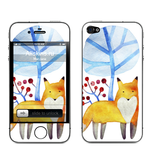 Наклейка на Телефон Apple iPhone 4S, 4 Пока, зима!,  купить в Москве – интернет-магазин Allskins, животные, лиса, акварель, рисунки, персонажи