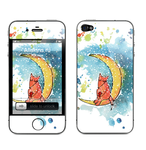 Наклейка на Телефон Apple iPhone 4S, 4 Лисичка на луне,  купить в Москве – интернет-магазин Allskins, лиса, животные, рыжий, акварель, живопись, луна