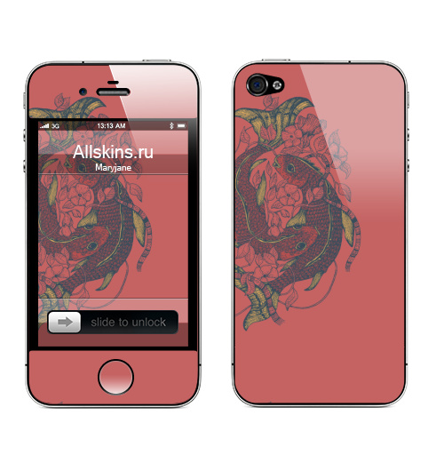 Наклейка на Телефон Apple iPhone 4S, 4 Красные рыбы паттерн,  купить в Москве – интернет-магазин Allskins, красный, рыба