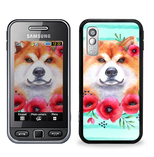 Наклейка на Телефон Samsung GT-S5230 Star Акита и маки,  купить в Москве – интернет-магазин Allskins, крутые животные, собаки, рыжая, акварель, мак, цветы, красный, акита