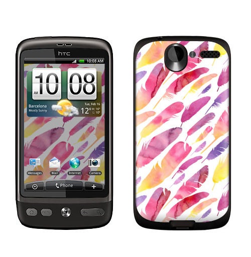 Наклейка на Телефон HTC HTC Desire Акварельные перышки на белом фоне,  купить в Москве – интернет-магазин Allskins, перья, фиолетовый, сиреневый, лимонный, розовый, градиент, текстура, акварель