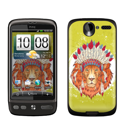 Наклейка на Телефон HTC HTC Desire ВОЖДЬ ЗВЕРЕЙ,  купить в Москве – интернет-магазин Allskins, индеец, животные, лев, иллюстация, перья