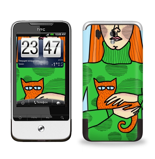 Наклейка на Телефон HTC HTC Legend Лучший друг кот,  купить в Москве – интернет-магазин Allskins, кошка, девушка, дружба, рыжая, яркий