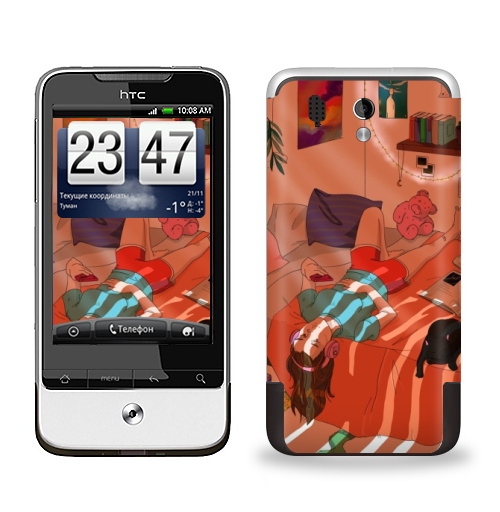 Наклейка на Телефон HTC HTC Legend Комната,  купить в Москве – интернет-магазин Allskins, лето, оранжевый, кошка, молота, мило, уют, искусство, иллюстация, гирлянда, светлый, девушка