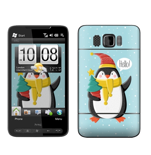 Наклейка на Телефон HTC HTC HD2 Пингвин с ёлкой,  купить в Москве – интернет-магазин Allskins, шапка, снег, новый год, пингвин, детские