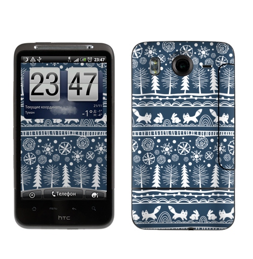 Наклейка на Телефон HTC HTC Desire HD Зимний лес,  купить в Москве – интернет-магазин Allskins, зима, лиса, лес, деревья, заяц, забавный, паттерн, снег