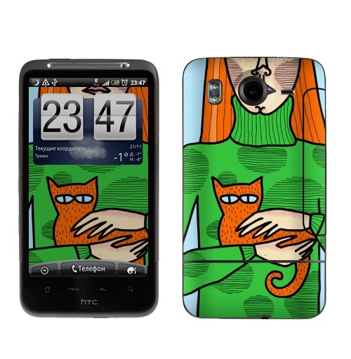 Наклейка на Телефон HTC HTC Desire HD Лучший друг кот,  купить в Москве – интернет-магазин Allskins, кошка, девушка, дружба, рыжая, яркий