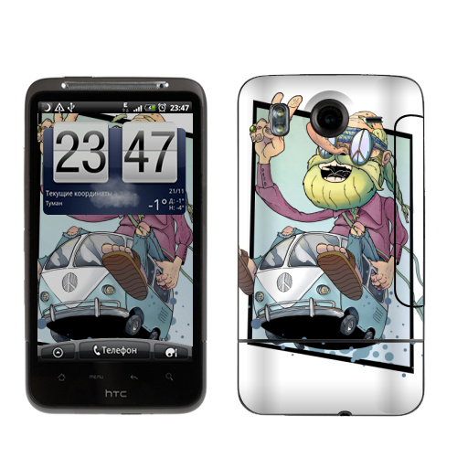 Наклейка на Телефон HTC HTC Desire HD Счастливый Хиппи,  купить в Москве – интернет-магазин Allskins, борода, хиппи, мир, минивэн, графика, винтаж, 70-e