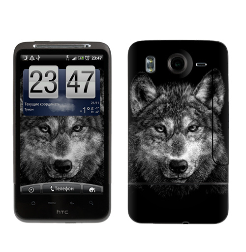 Наклейка на Телефон HTC HTC Desire HD Волчище,  купить в Москве – интернет-магазин Allskins, морда, животные, волк, полностьючерный, 300 Лучших работ