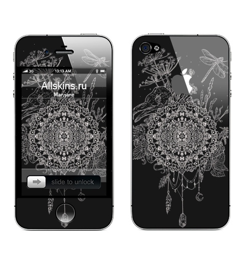 Наклейка на Телефон Apple iPhone 4S, 4 (с яблоком) Русское поле,  купить в Москве – интернет-магазин Allskins, графика, череп, птицы, стрекоза, мандала, узор, ловец, крапива, черный