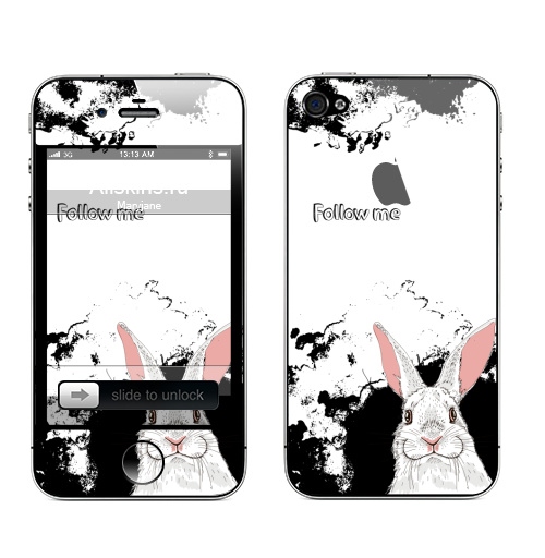 Наклейка на Телефон Apple iPhone 4S, 4 (с яблоком) Следуй за белым кроликом,  купить в Москве – интернет-магазин Allskins, надписи на английском, заяц, белый, графика, надписи, черный, черно-белое, кролики, животные, зима