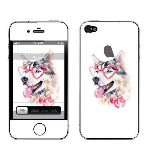Наклейка на Телефон Apple iPhone 4S, 4 (с яблоком) Модная собака,  купить в Москве – интернет-магазин Allskins, крутые животные, милые животные, мило, хаски, розовый, очки, акварель, собаки, детские