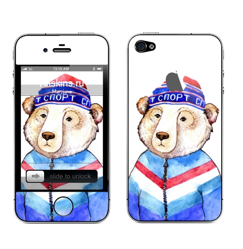 Наклейка на Телефон Apple iPhone 4S, 4 (с яблоком) Мишаня,  купить в Москве – интернет-магазин Allskins, крутые животные, милые животные, синий, шапка, животные, спорт, михалыч, медведь, Россия, патриотические