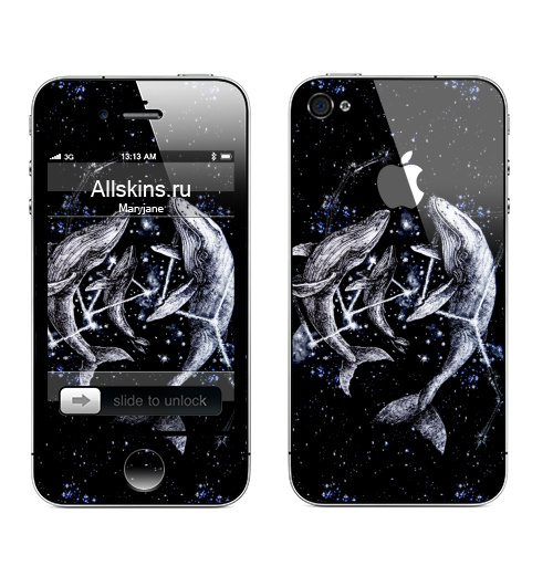 Наклейка на Телефон Apple iPhone 4S, 4 (с яблоком) Межгалактические киты,  купить в Москве – интернет-магазин Allskins, полностьючерный, небо, животные, ночь, звезда, космос, киты