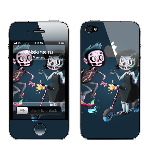 Наклейка на Телефон Apple iPhone 4S, 4 (с яблоком) АНДЕД ХИПСТЕРЫ,  купить в Москве – интернет-магазин Allskins, мертвый, мертвец, зомби, девушка, скелет, скейтборд, самокат, спорт, панк