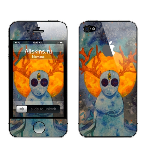 Наклейка на Телефон Apple iPhone 4S, 4 (с яблоком) Дух,  купить в Москве – интернет-магазин Allskins, дух, привидение, олень, призрак, луна, желтое, голубой, космос, звезда