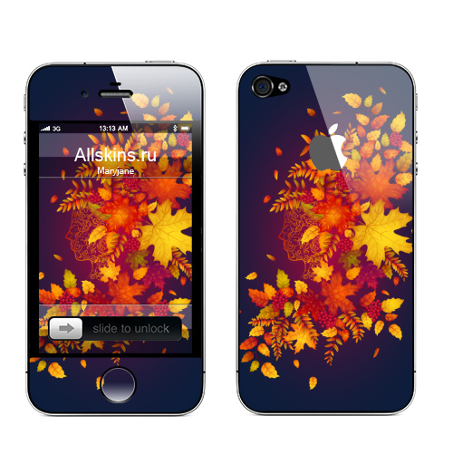 Наклейка на Телефон Apple iPhone 4S, 4 (с яблоком) Дух осени,  купить в Москве – интернет-магазин Allskins, осень, листья, рыжий, девушка, рябина, деревья, природа, винтаж, лес