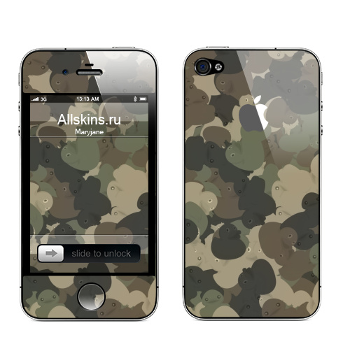 Наклейка на Телефон Apple iPhone 4S, 4 (с яблоком) Камуфляж с резиновыми уточками,  купить в Москве – интернет-магазин Allskins, хаки, текстура, военные, паттерн, утка, утенок, игрушки, ванная