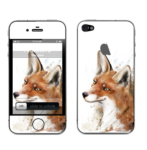 Наклейка на Телефон Apple iPhone 4S, 4 (с яблоком) Рыжая лиса,  купить в Москве – интернет-магазин Allskins, лиса, природа, оранжевый, акварель, животные