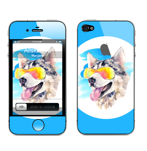 Наклейка на Телефон Apple iPhone 4S, 4 (с яблоком) Хаски сноубордист,  купить в Москве – интернет-магазин Allskins, крутые животные, мило, животные, персонажи, собаки, хаски, акварель, детские, соба, милые животные