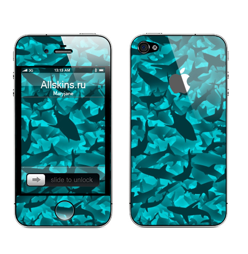 Наклейка на Телефон Apple iPhone 4S, 4 (с яблоком) Акулы,  купить в Москве – интернет-магазин Allskins, акула, морская, вода, дайвинг, рыба, рвбалка, камуфляж