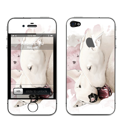 Наклейка на Телефон Apple iPhone 4S, 4 (с яблоком) Влюбленные бультерьеры,  купить в Москве – интернет-магазин Allskins, крутые животные, собаки, бультерьер, любовь, сердце, акварель, нежно, поцелуй, животные, милые животные