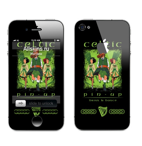 Наклейка на Телефон Apple iPhone 4S, 4 (с яблоком) Кельтский пинап,  купить в Москве – интернет-магазин Allskins, сарказм, персонажи, девушка, алкоголь, пикник, танцы, Ирландия, кельт