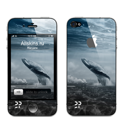 Наклейка на Телефон Apple iPhone 4S, 4 (с яблоком) Кит в мегаполисе,  купить в Москве – интернет-магазин Allskins, мегаполис, киты, эвентумпремо, футуризм, будущее
