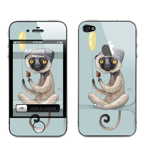 Наклейка на Телефон Apple iPhone 4S, 4 (с яблоком) Лемур и мороженое,  купить в Москве – интернет-магазин Allskins, лемур, животные, сифака, обезьяна, мартышка, шапка, кроссовки, воздушныйшарик, желтый