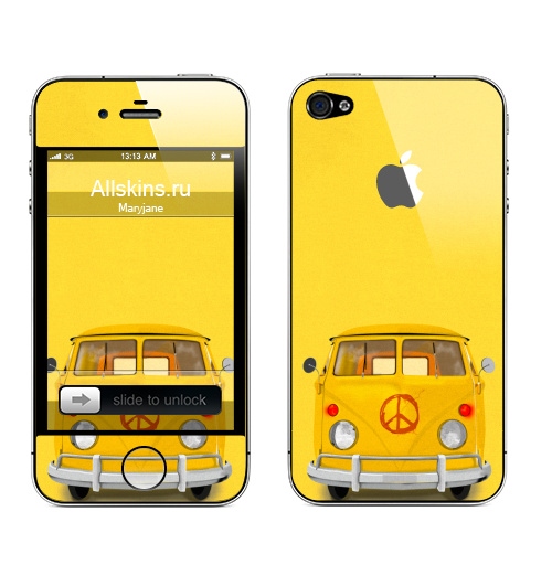Наклейка на Телефон Apple iPhone 4S, 4 (с яблоком) Хиппи Автобус,  купить в Москве – интернет-магазин Allskins, автобус, хиппи, желтый, иллюстация, диджитал, гранж, бохо