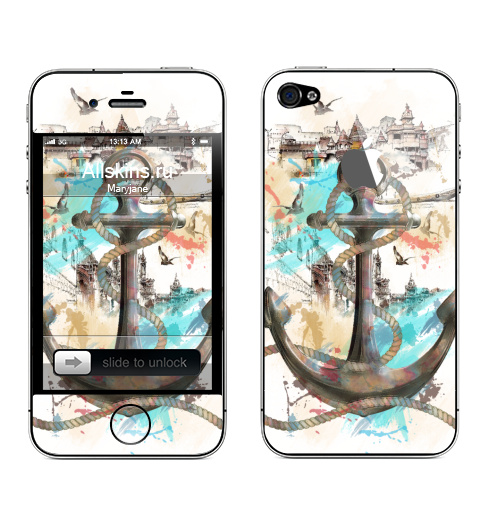Наклейка на Телефон Apple iPhone 4S, 4 (с яблоком) Морской волк,  купить в Москве – интернет-магазин Allskins, отдых, птицы, пейзаж, морская, якорь