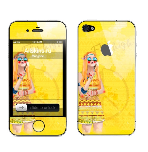 Наклейка на Телефон Apple iPhone 4S, 4 (с яблоком) Девушка Хиппи,  купить в Москве – интернет-магазин Allskins, девушка, лето, желтый, оранжевый, хиппи, очки, рыжая, любовь, солнце