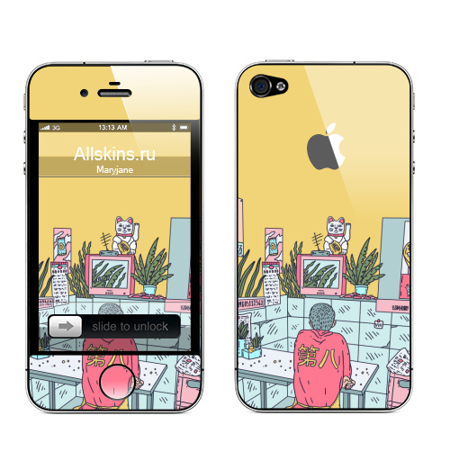 Наклейка на Телефон Apple iPhone 4S, 4 (с яблоком) Азиатская закусочная,  купить в Москве – интернет-магазин Allskins, азия, Китай, розовый, лес, мальчик, желтый, телевизор, неон, закусочная