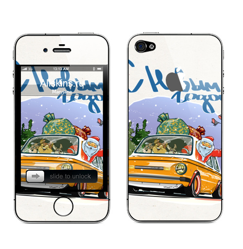 Наклейка на Телефон Apple iPhone 4S, 4 (с яблоком) Новогоднее ралли,  купить в Москве – интернет-магазин Allskins, новый год, дед, мороз, ралли, автомобиль, Запорожец, запрожец