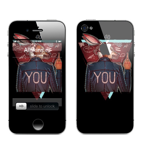 Наклейка на Телефон Apple iPhone 4S, 4 (с яблоком) Волкозаяц,  купить в Москве – интернет-магазин Allskins, крутые животные, иллюстрацияпринт, подарки, хипстер, заяц, собаки, волк