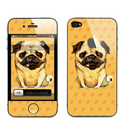 Наклейка на Телефон Apple iPhone 4S, 4 (с яблоком) Сидящий мопс,  купить в Москве – интернет-магазин Allskins, крутые животные, домашние, коричневый, бежевый, мультфильмы, животные, графика, акварель, Мопс, собаки, милые животные