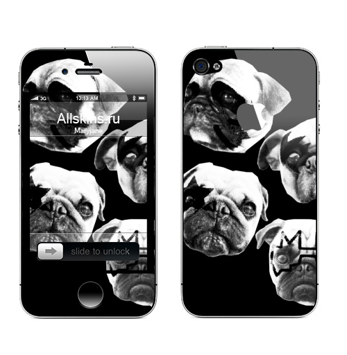 Наклейка на Телефон Apple iPhone 4S, 4 (с яблоком) Мопсс,  купить в Москве – интернет-магазин Allskins, крутые животные, животные, Мопс, собаки, группа, музыка, милые животные, рокнролл