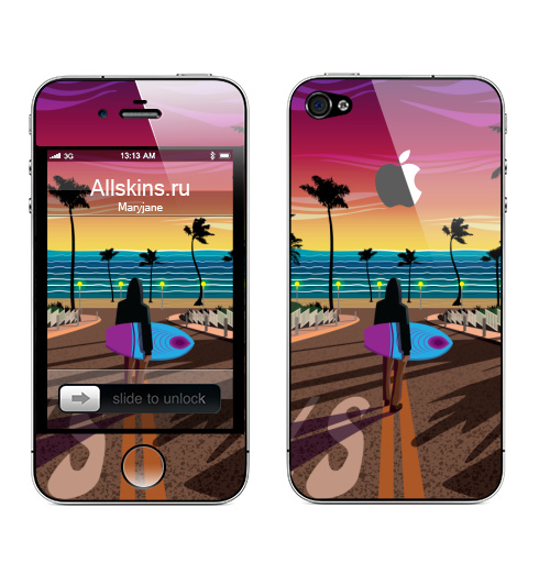 Наклейка на Телефон Apple iPhone 4S, 4 (с яблоком) Мечты о Калифорнии,  купить в Москве – интернет-магазин Allskins, Калифорния, мечта, океаны, пальма, солнце, вода