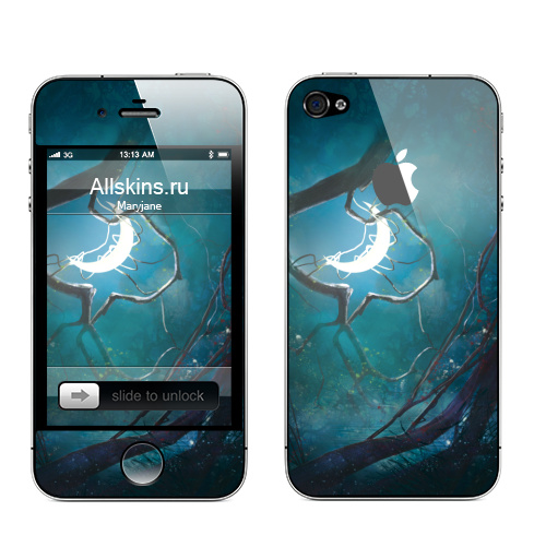 Наклейка на Телефон Apple iPhone 4S, 4 (с яблоком) Ночная фантазия,  купить в Москве – интернет-магазин Allskins, фантазия, деревья, иллюстация, ночь, лес, месяц, солнце, концепт