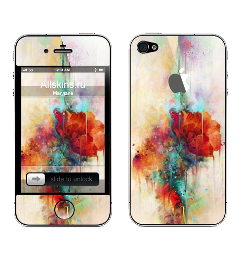 Наклейка на Телефон Apple iPhone 4S, 4 (с яблоком) Абстракция акварельная,  купить в Москве – интернет-магазин Allskins, мак, акварель, фантазия, цветы, цвет, брызги, клякса, весна, рисунки