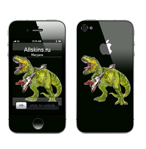Наклейка на Телефон Apple iPhone 4S, 4 (с яблоком) Хэви метал динозавр,  купить в Москве – интернет-магазин Allskins, rock, металл, музыка, музыкант, гитара, гитарист, динозавры