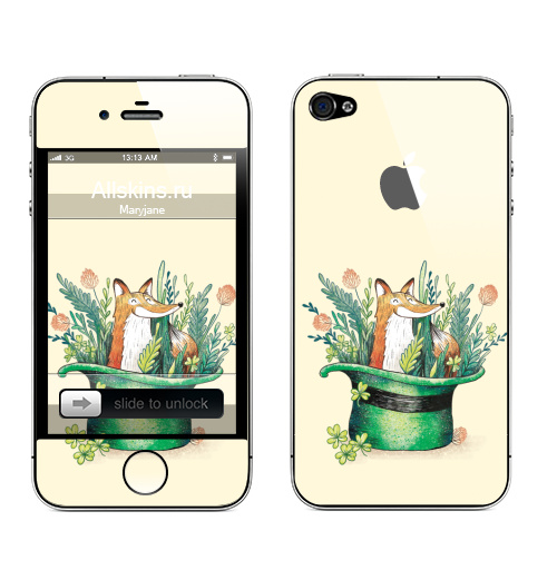 Наклейка на Телефон Apple iPhone 4S, 4 (с яблоком) Ирландский лис,  купить в Москве – интернет-магазин Allskins, лиса, Ирландия, клевер, шляпа