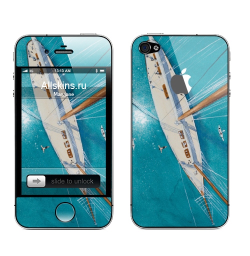 Наклейка на Телефон Apple iPhone 4S, 4 (с яблоком) Каникулы на яхте,  купить в Москве – интернет-магазин Allskins, аникулыы, отдых, вода, бирюзовый, мачты, лазурный, белый, морская, яхта