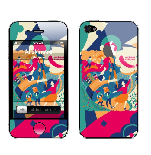 Наклейка на Телефон Apple iPhone 4S, 4 (с яблоком) Веселый Коридор,  купить в Москве – интернет-магазин Allskins, яркий, розовый, домики, люди, иллюстация, детские, краски, коридор, веселый