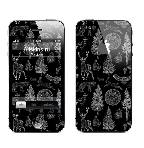 Наклейка на Телефон Apple iPhone 4S, 4 (с яблоком) Лесная магия,  купить в Москве – интернет-магазин Allskins, волшебные, магия, кристалл, сова, олень, паттерн, гравюра, точки, ветви, деревья, животные, луна, графика, черный, готический, готика, природа, ель, ночь, лес