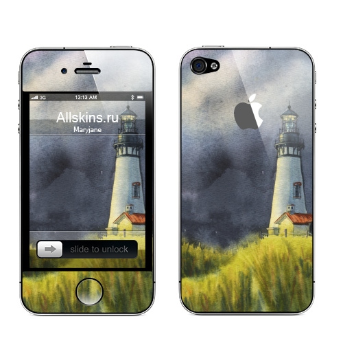 Наклейка на Телефон Apple iPhone 4S, 4 (с яблоком) Маяк после дождя,  купить в Москве – интернет-магазин Allskins, небо, маяк, дождь, луг, заливной, зеленый, грозовые, свежесть