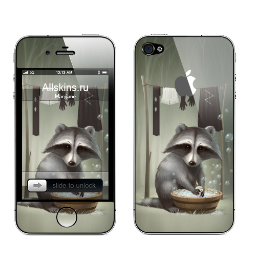 Наклейка на Телефон Apple iPhone 4S, 4 (с яблоком) Енот полоскун,  купить в Москве – интернет-магазин Allskins, милые животные, прикол, животные, лес, пузырьки, мыльный, стирка, енот