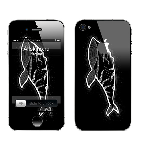 Наклейка на Телефон Apple iPhone 4S, 4 (с яблоком) Кит с рожками,  купить в Москве – интернет-магазин Allskins, животные, этно, зентангл, дзен, дотворк, киты, морская, рожки