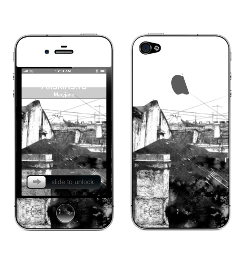 Наклейка на Телефон Apple iPhone 4S, 4 (с яблоком) Туманный город,  купить в Москве – интернет-магазин Allskins, черно-белое, город, городскойстиль, серый, сером, графика, Питер